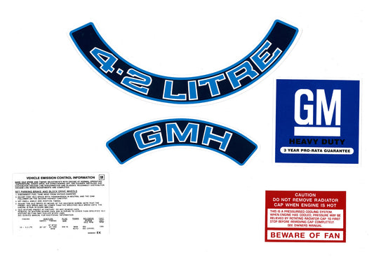 Holden HZ WB VB V8 Engine Decals -4.2 LITRE GMH- Air Cleaner +Beware +Emission - ED1029