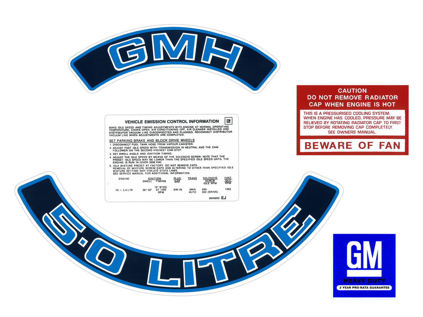 Holden HZ WB VB V8 Engine Decals -5.0 LITRE GMH- Air Cleaner +Beware +Emission - ED1030