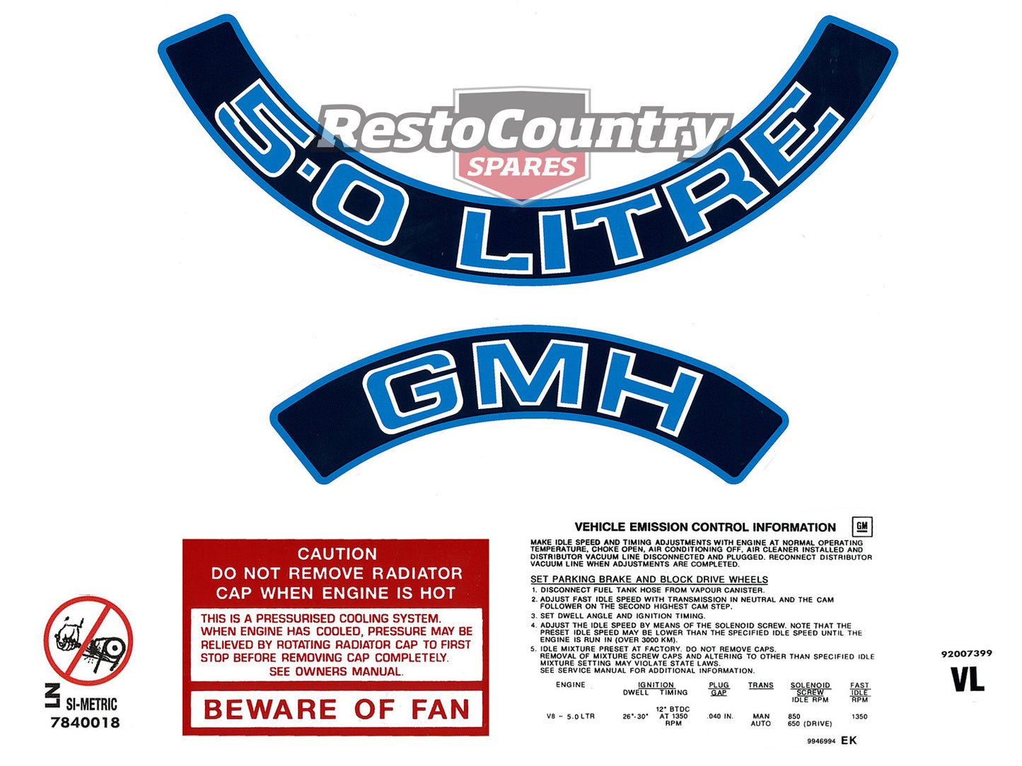 Holden VL V8 Engine Decals -5.0 LITRE GMH- Air Cleaner + Beware + Emission - ED1030B