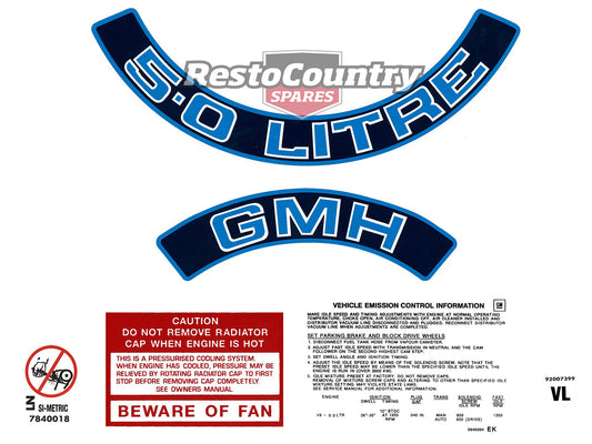 Holden VL V8 Engine Decals -5.0 LITRE GMH- Air Cleaner + Beware + Emission - ED1030B