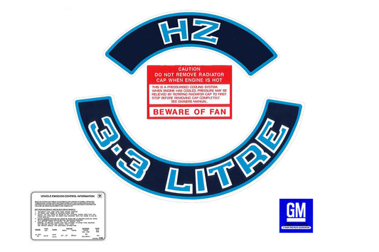 Holden HZ 6cyl Engine Decals -3.3 LITRE Blue HZ- Air Cleaner +Beware +Emission - ED1036