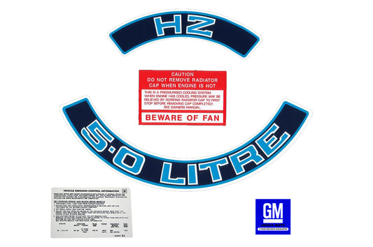 Holden HZ V8 Engine Decals -5.0 LITRE HZ- Air Cleaner +Beware +Emission - ED1037