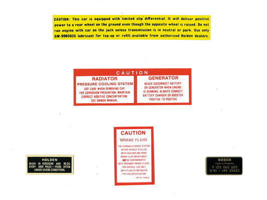 Holden Supplementary Decal Kit HD HR HK HT HG sticker caution fluid fan - ED1040