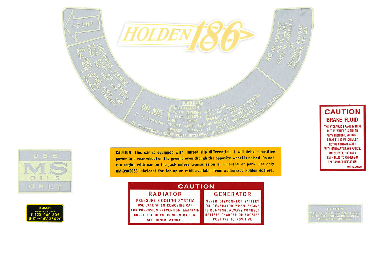 Holden HK HT HG 6cyl 186 Engine Decals Air Cleaner +Beware +Oil +Brake Fluid+Alt - ED1045