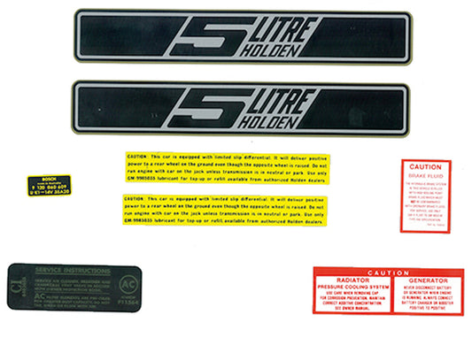 Holden HK Engine Bay Decal Kit -5 Litre- caution 5ltr 5.0 sticker - ED1046