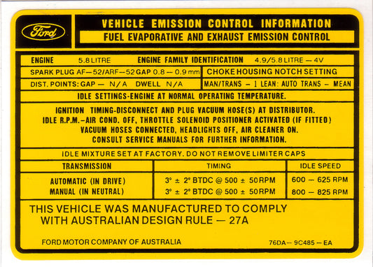 Ford V8 Exhaust Emission Decal XC 351 5.8 Yellow sticker engine Resto Country - ED2000F