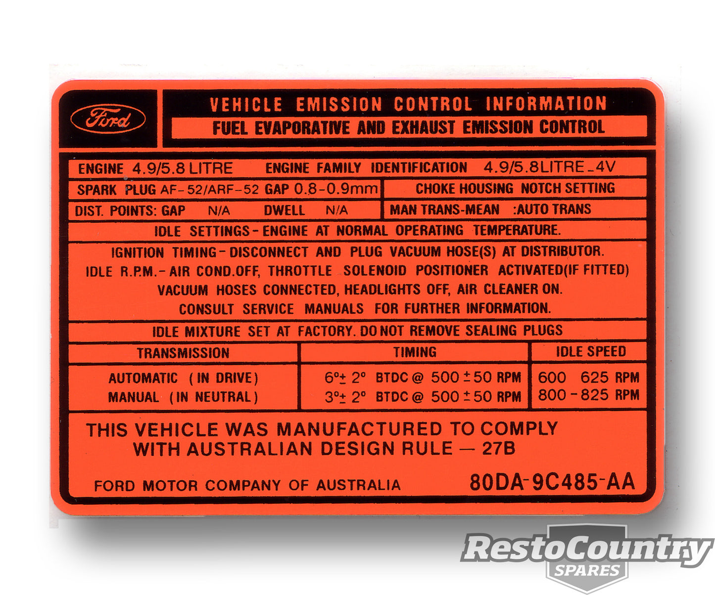 Ford V8 Exhaust Emission Decal Late XD 302 351 Orange sticker engine - ED2000G