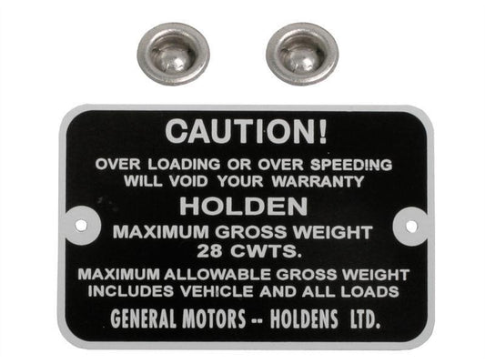 Holden Gross Weight Tag FJ Ute / Panel Van 28 Cwts NEW max caution plate i.d - GWT1001