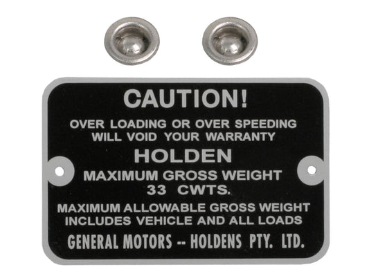 Holden Maximum Gross Weight Tag EH PANEL VAN. 33 CWTS. NEW max caution plate - GWT1005