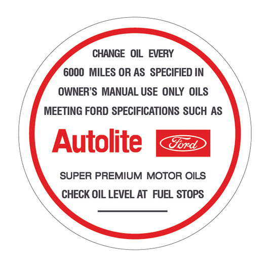 Ford V8 Oil Cap Decal Autolite XW XY ZC ZD Falcon Fairlane sticker engine - OD2000